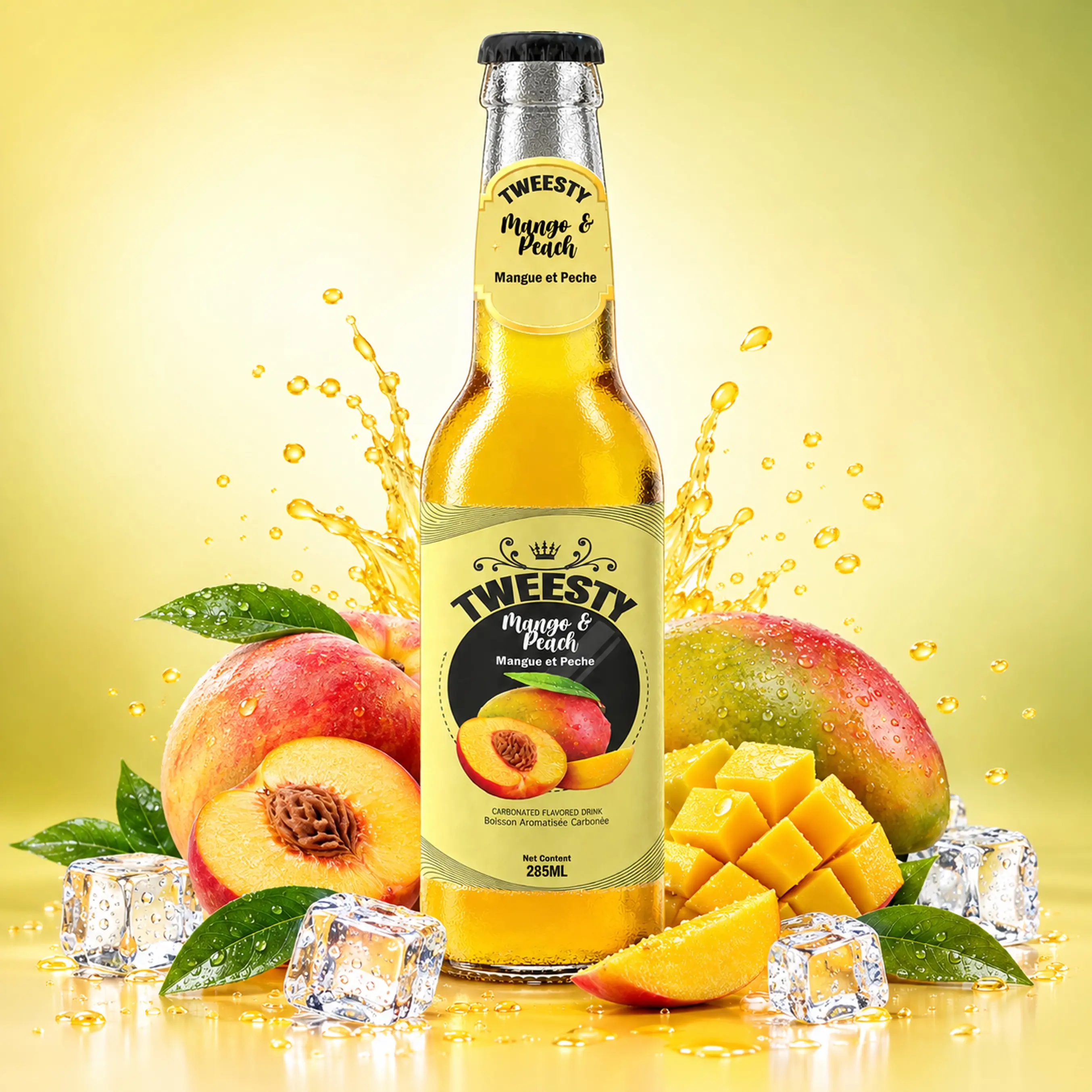 TWEESTY Mango Peach carbonated flavoured drink 285ml glass bottle with mango, peach and ice